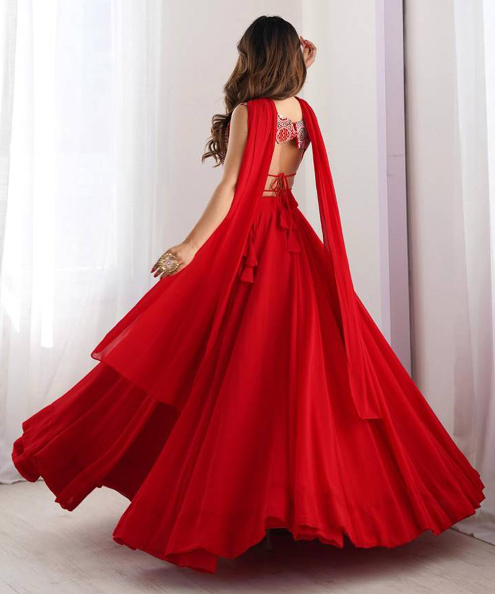 Lehenga Red Georgette Embroidery Unstitched