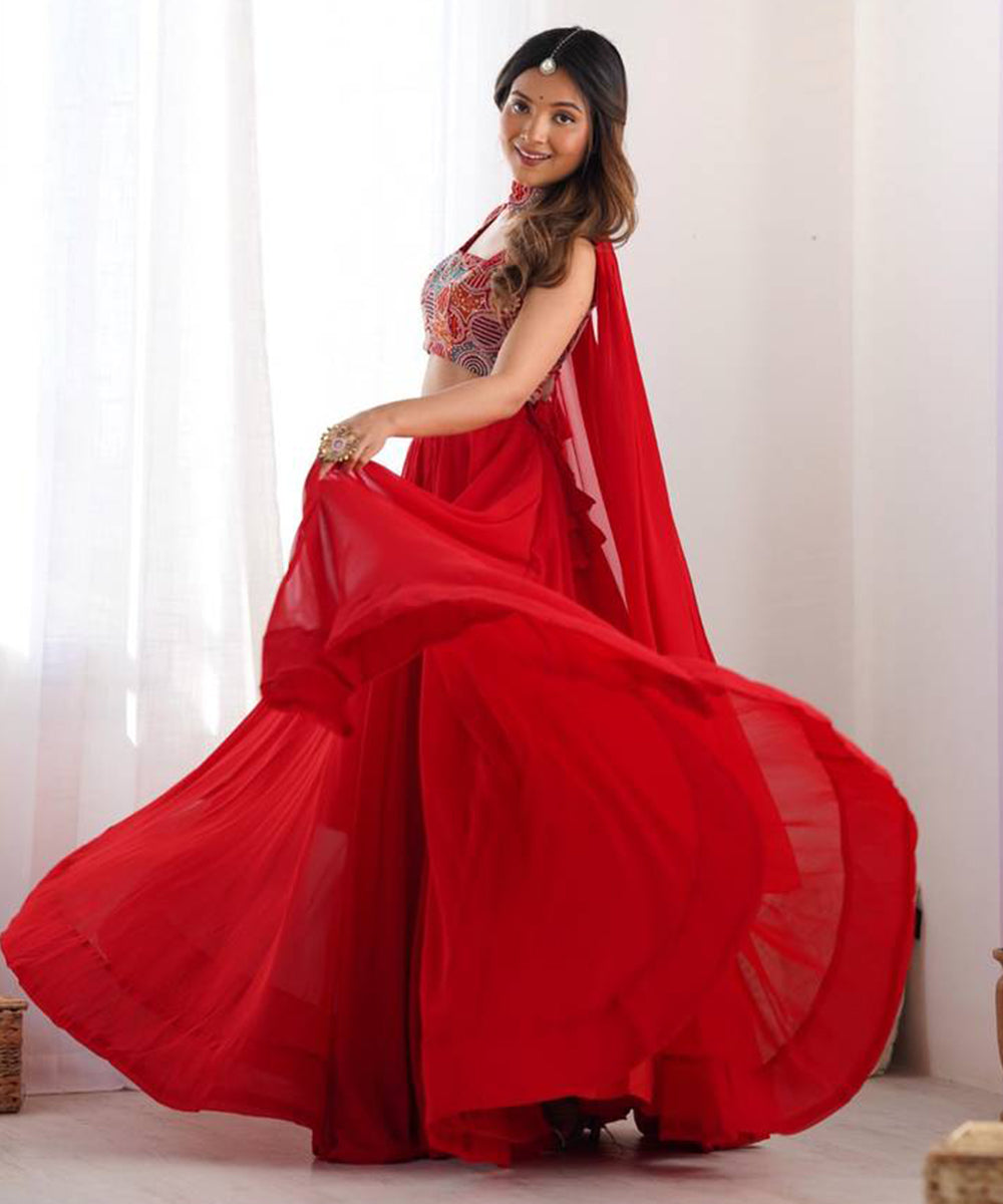 Lehenga Red Georgette Embroidery Unstitched