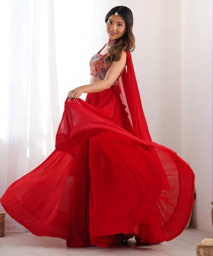 Lehenga Red Georgette Embroidery Unstitched