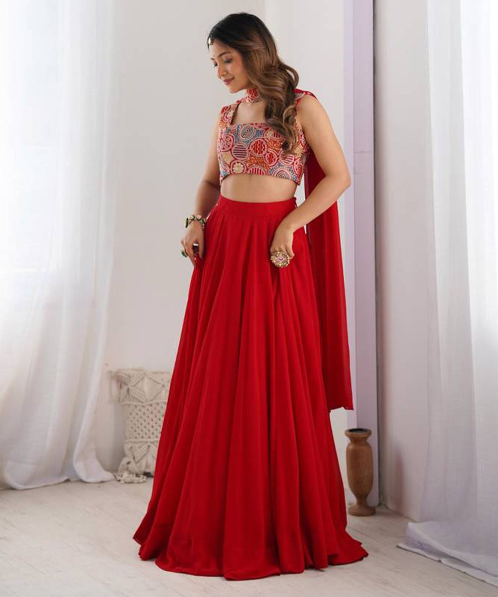 Lehenga Red Georgette Embroidery Unstitched