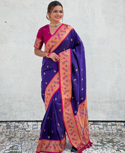 Royal Purple Art Silk Saree with a Delicate Floral Border