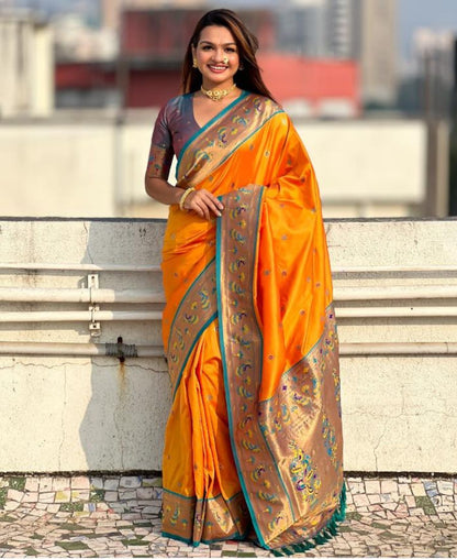 Vibrant Orange Art Silk Paithani Saree with Peacock Motifs