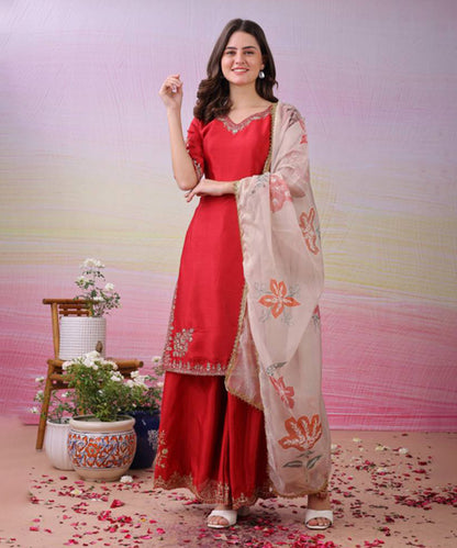 Maroon Art Silk Sequins Kurta with Pant and Dupatta