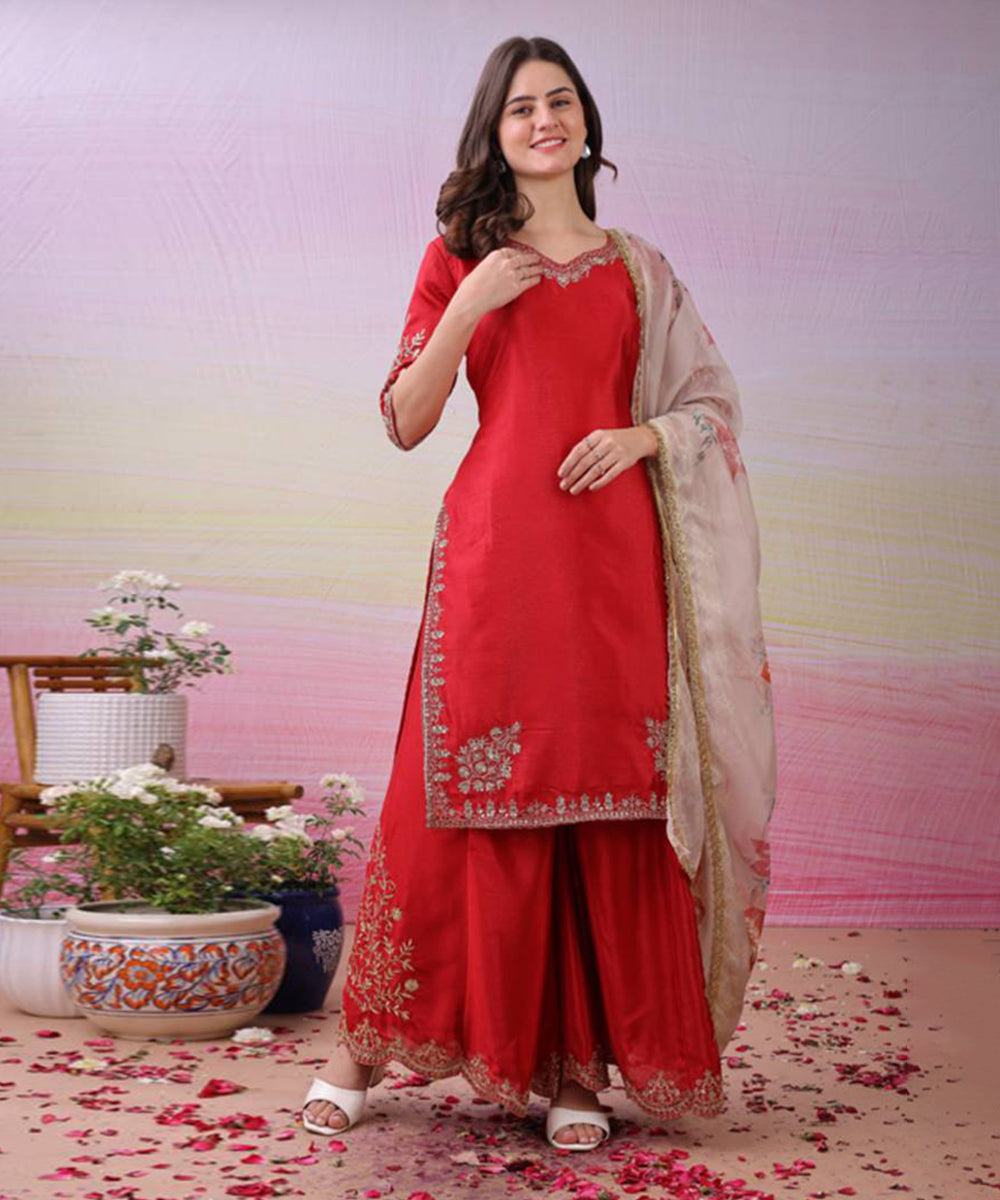 Maroon Art Silk Sequins Kurta with Pant and Dupatta