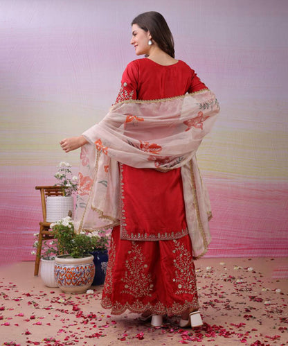 Maroon Art Silk Sequins Kurta with Pant and Dupatta
