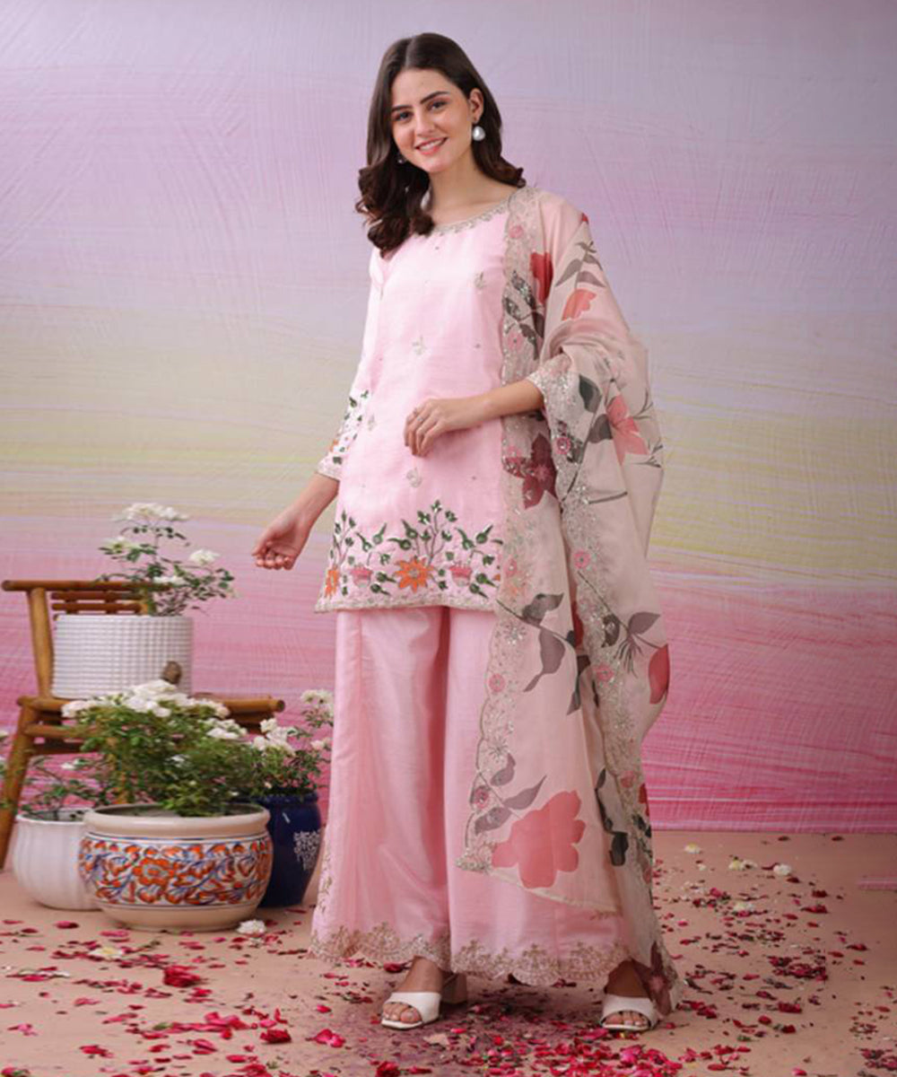 Pink Art Silk Sequins Kurta with Pant and Dupatta
