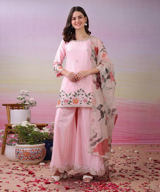 Pink Art Silk Sequins Kurta with Pant and Dupatta