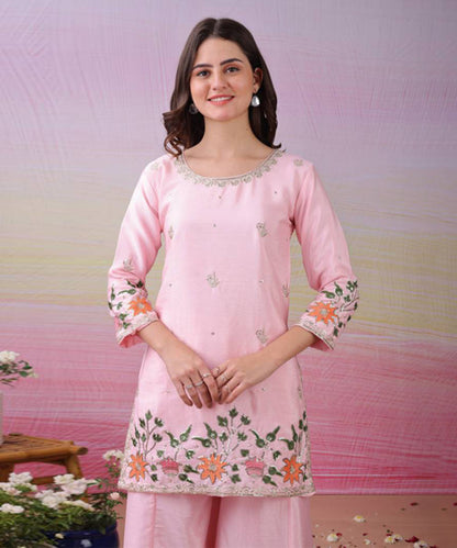 Pink Art Silk Sequins Kurta with Pant and Dupatta