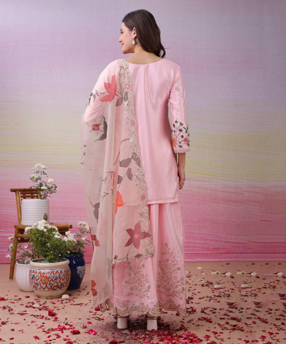 Pink Art Silk Sequins Kurta with Pant and Dupatta