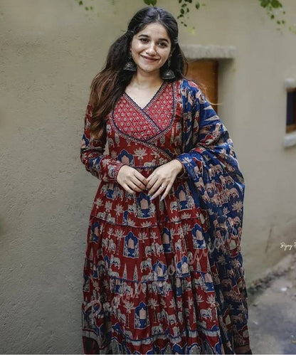 Brown Printed Cotton Kurta Pant with Dupatta