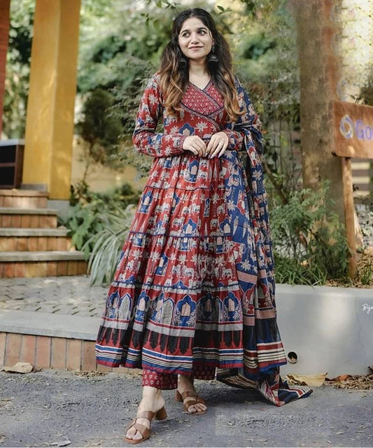Brown Printed Cotton Kurta Pant with Dupatta