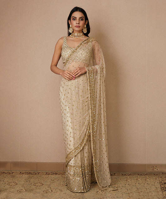 Golden Glimmer Net Saree with a Subtle Sheen