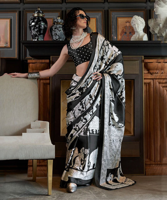 White and Black Saree with Elephant and Animal Motifs