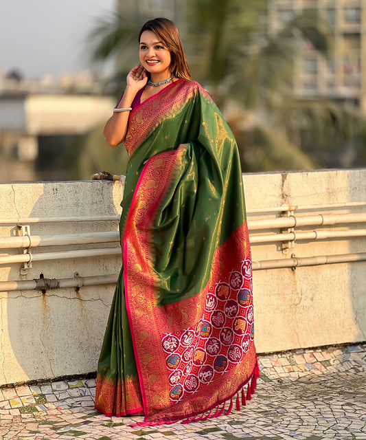 Royal Green Splendor Paithani Art Silk Saree with Gold Zari Work