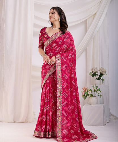 Pink Bandhani Print Saree with Embroidered Border Detailing