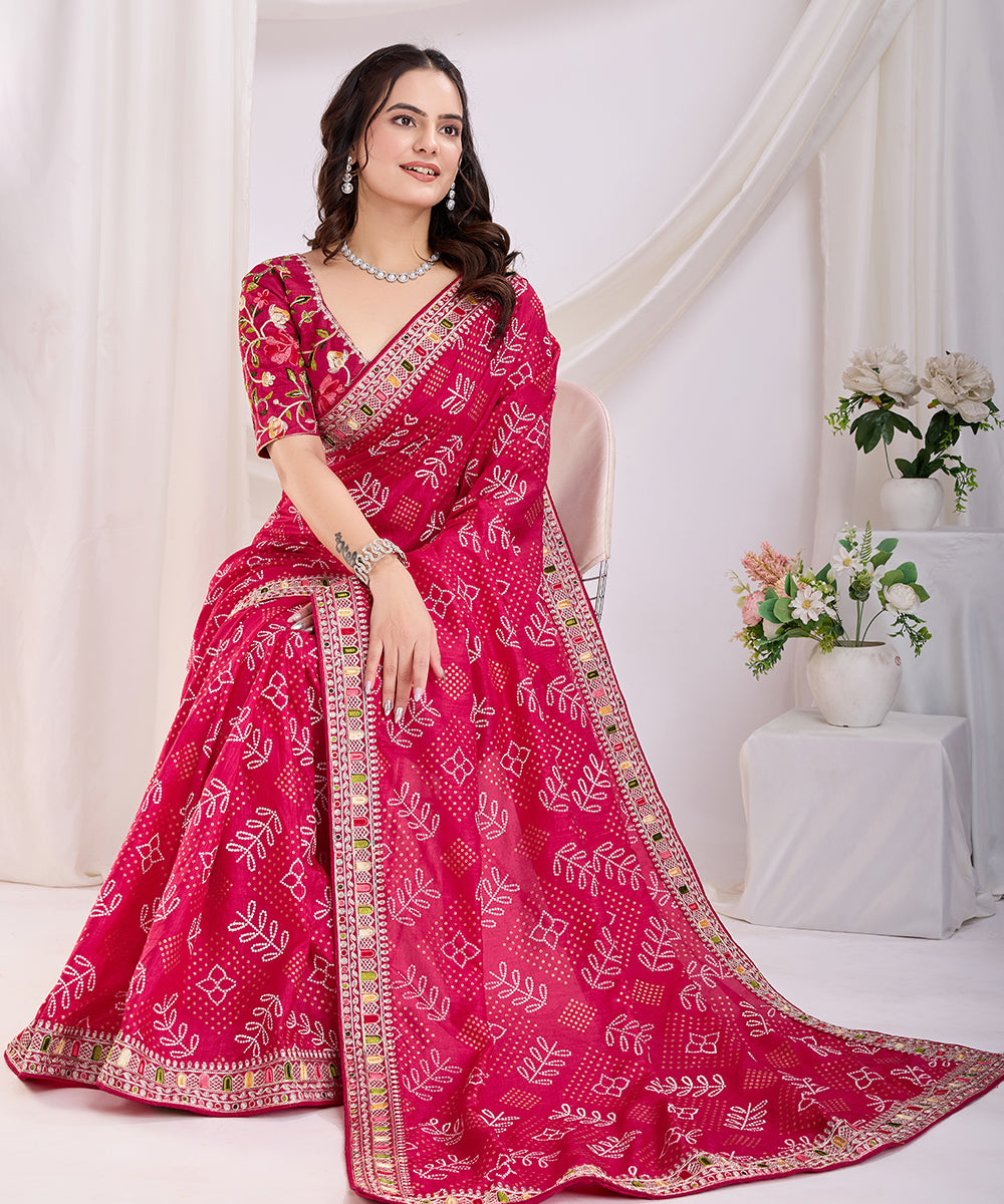Pink Bandhani Print Saree with Embroidered Border Detailing
