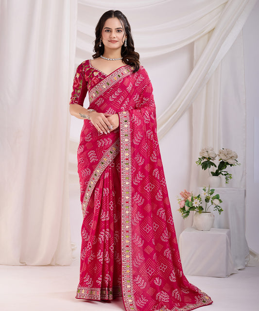 Pink Bandhani Print Saree with Embroidered Border Detailing