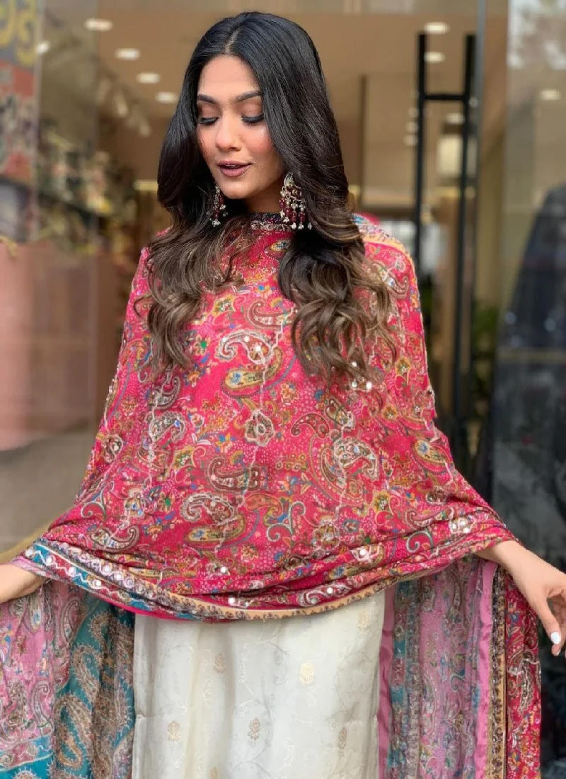 Cream Cotton Embroidered Kurta with Pant with Dupatta