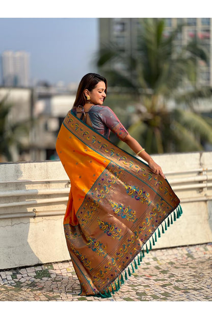 Vibrant Orange Art Silk Paithani Saree with Peacock Motifs