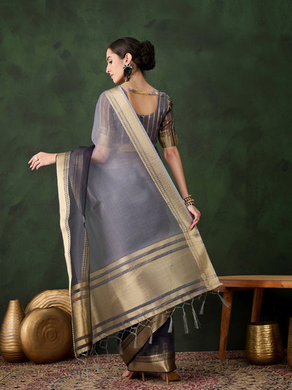 Grey Cotton Silk Saree with Elegant Gold Zari Borders