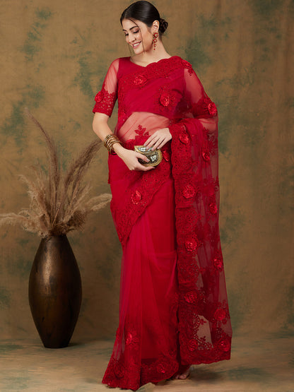 Red Net Embroidered Saree with Intricate Floral Detailing