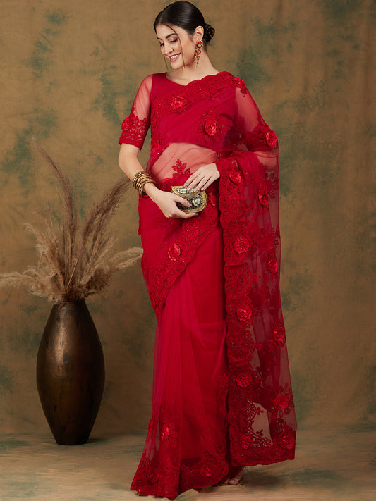 Red Net Embroidered Saree with Intricate Floral Detailing