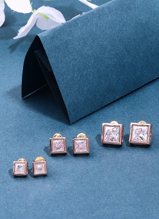 3 Sets of Square Earrings In American Diamond