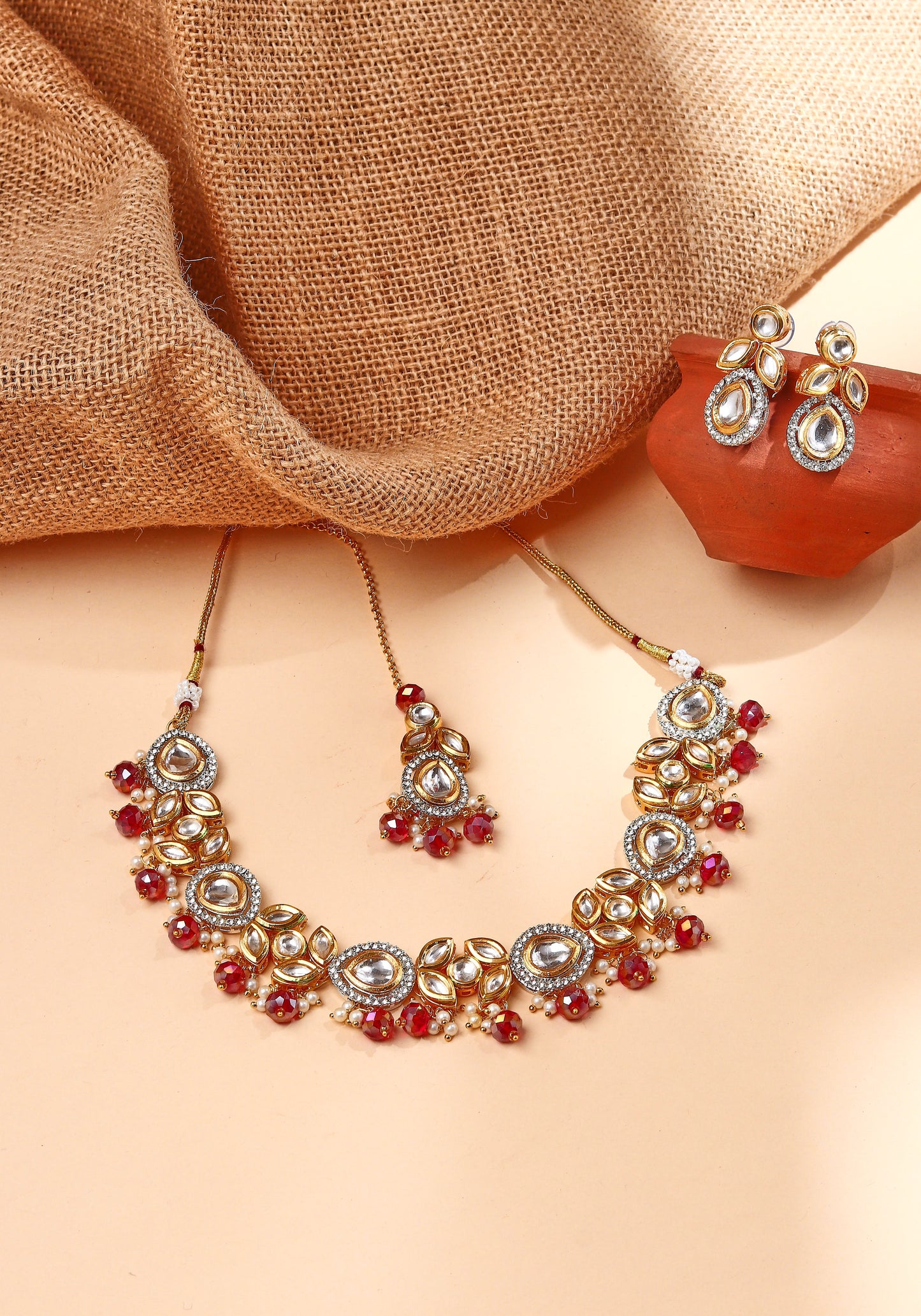 Multicoloured Kundan Necklace Set with Earrings and Maang Tikka