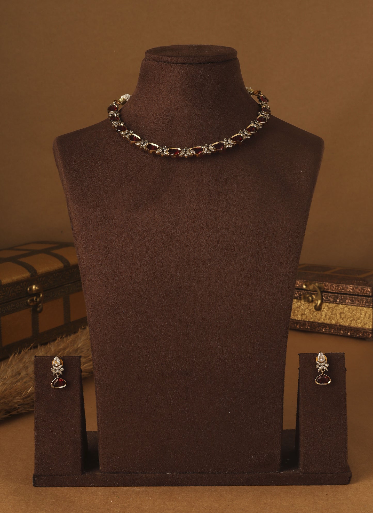 Crimson Elegance Gold Plated Necklace Set