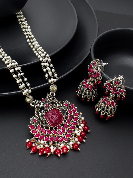 Traditional Pearl Chain Necklace Set with Pink Stone Pendant