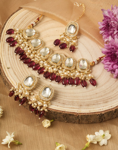 Kundan Stone Studded Choker Set with Purple Pearl Drops