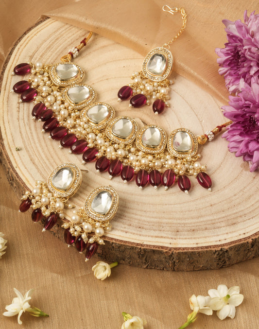 Kundan Stone Studded Choker Set with Purple Pearl Drops