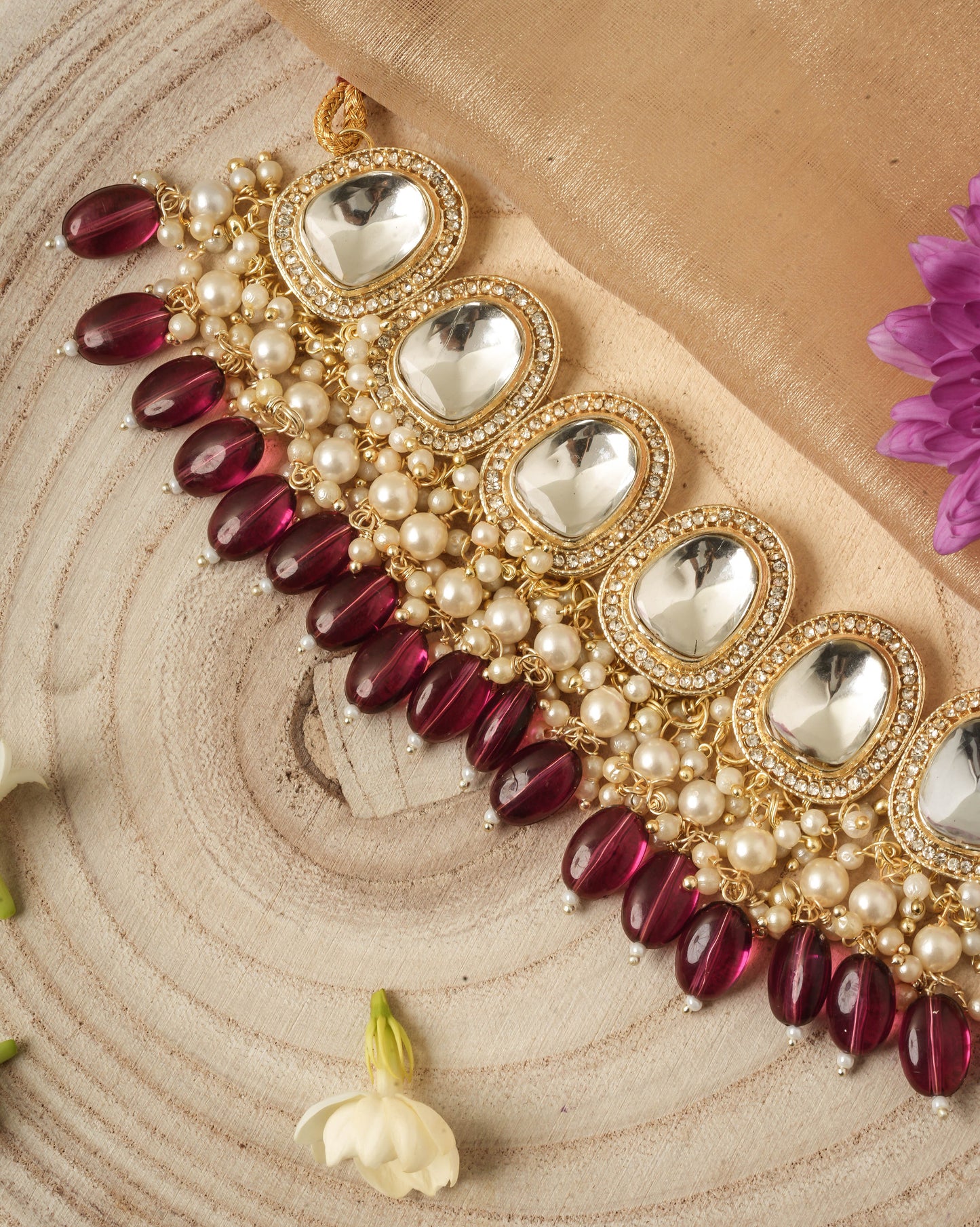 Kundan Stone Studded Choker Set with Purple Pearl Drops