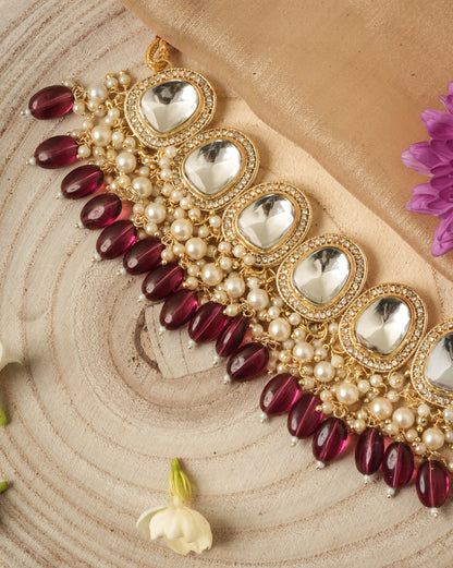 Kundan Stone Studded Choker Set with Purple Pearl Drops