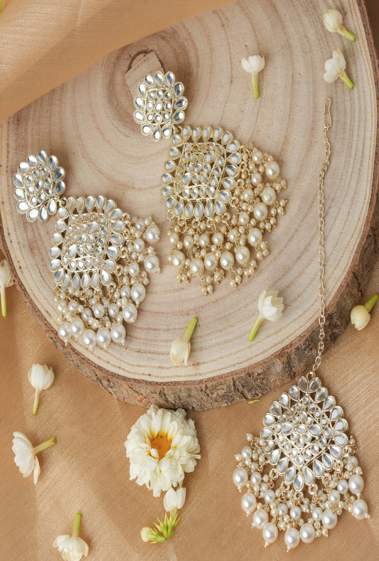 White Gold Plated Earrings and Maang Tikka Set