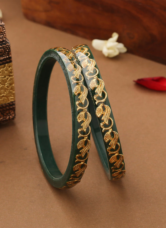 Set of 2 Traditional Kundan Green Bangles With Gold Design