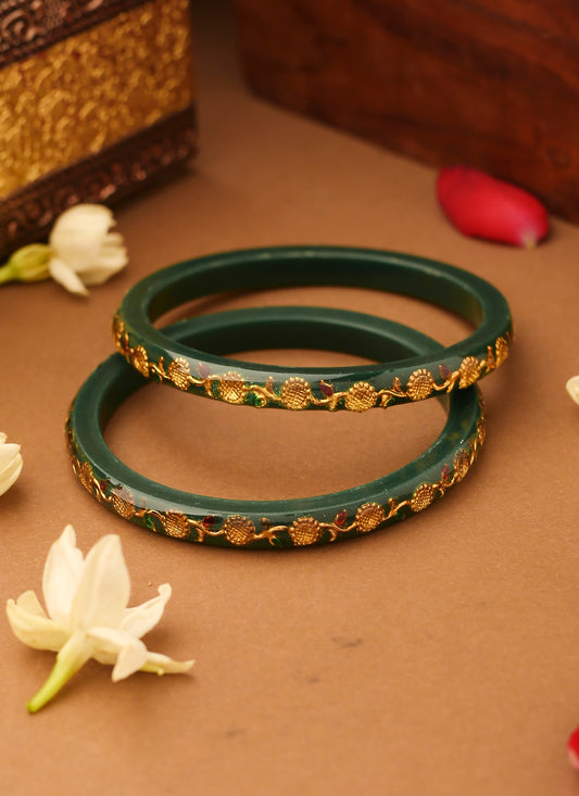 Set of 2 Floral Bangles With Golden Leaves