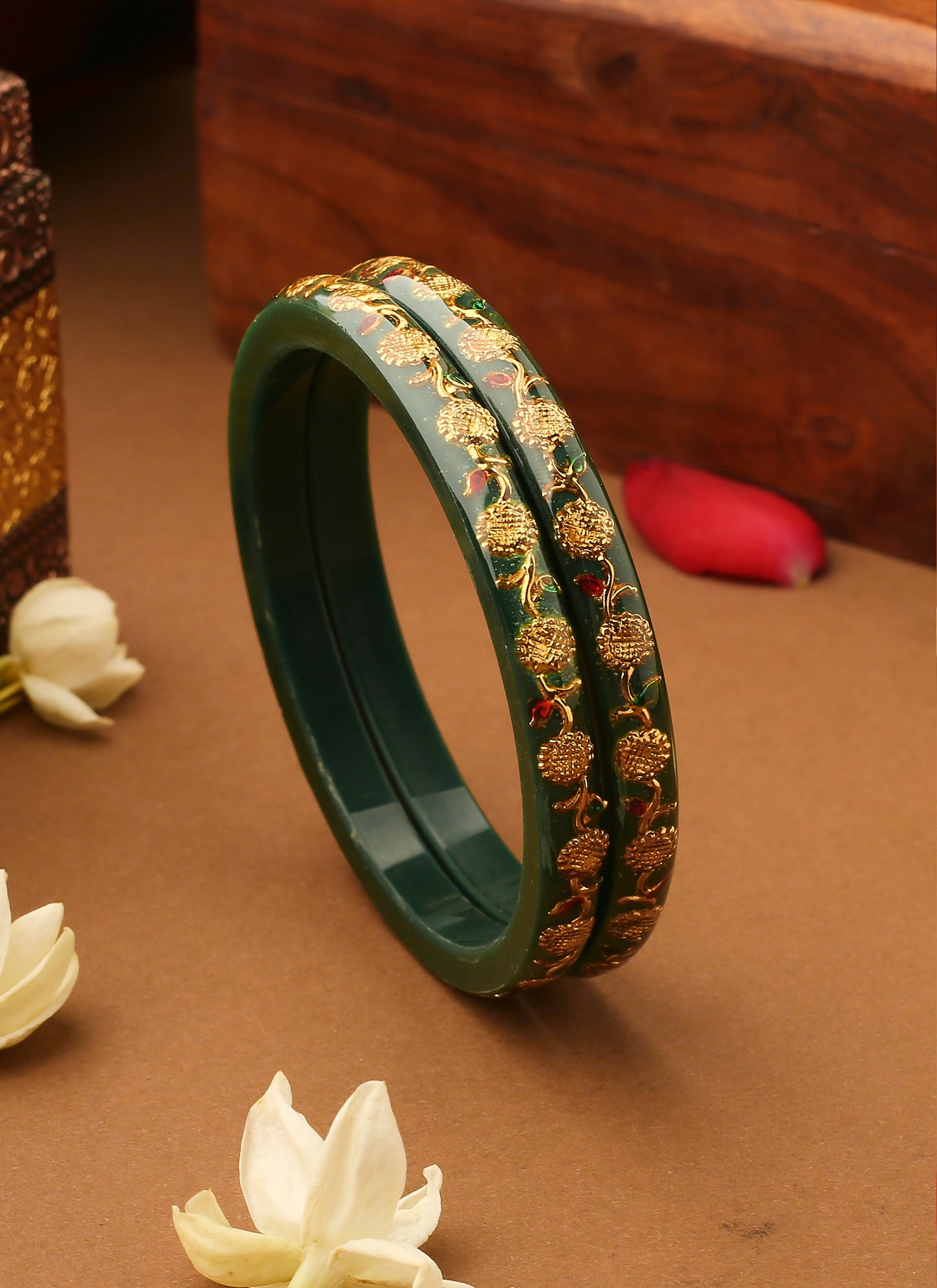 Set of 2 Floral Bangles With Golden Leaves