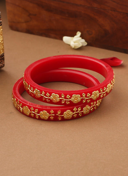 Set of 2 Red Gold Alloy Kundan Bangles