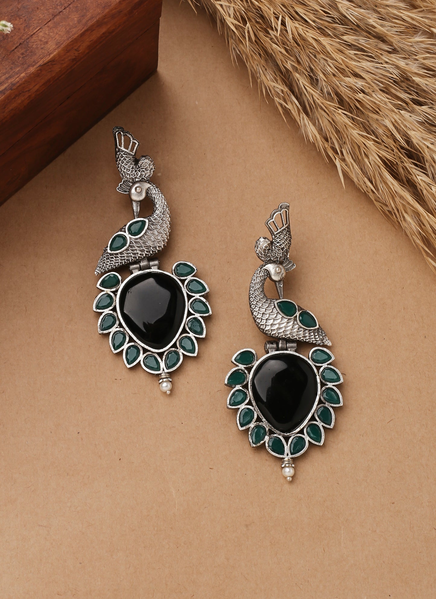 Peacock Carved Black Stone Earrings