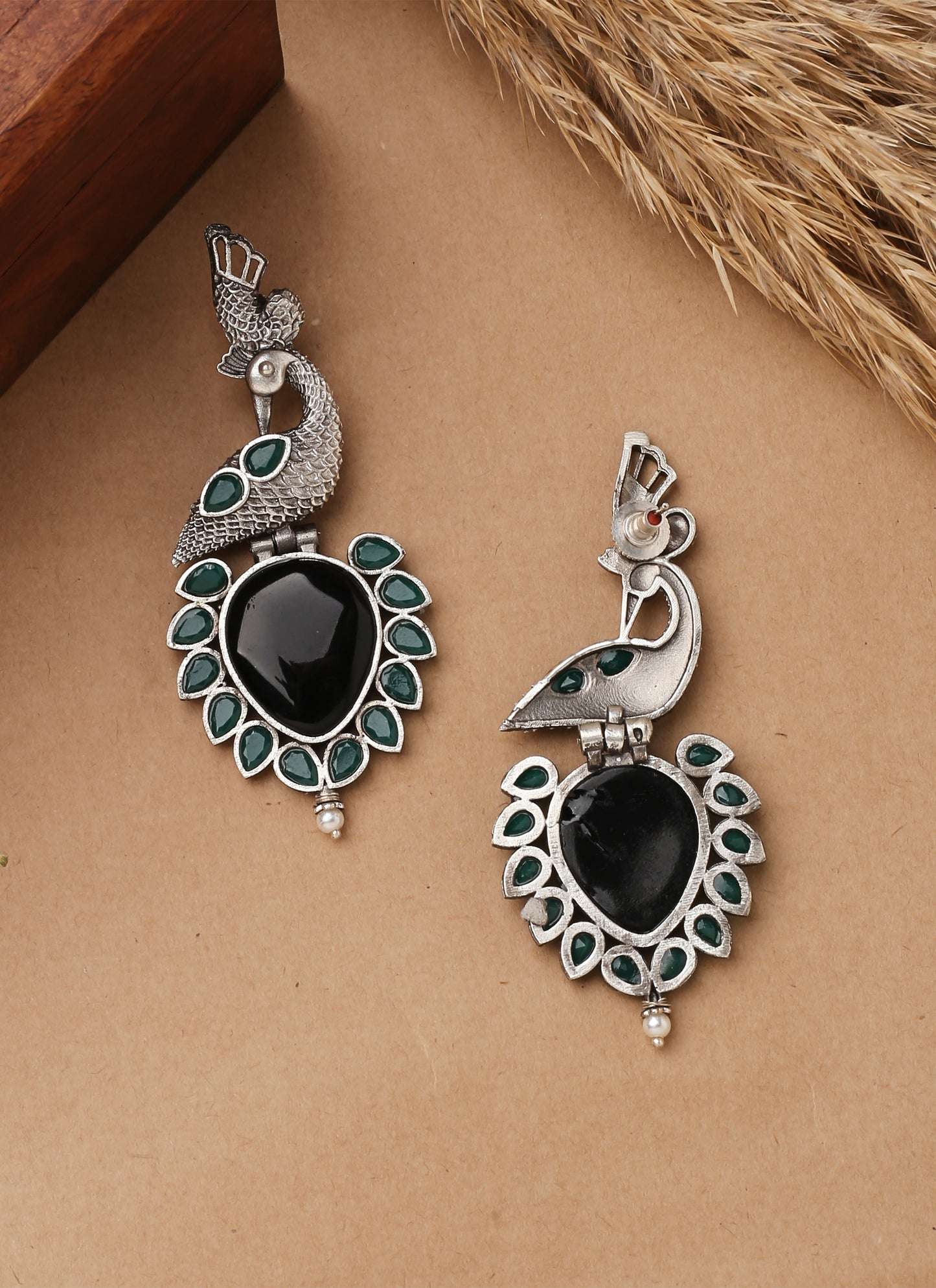 Peacock Carved Black Stone Earrings