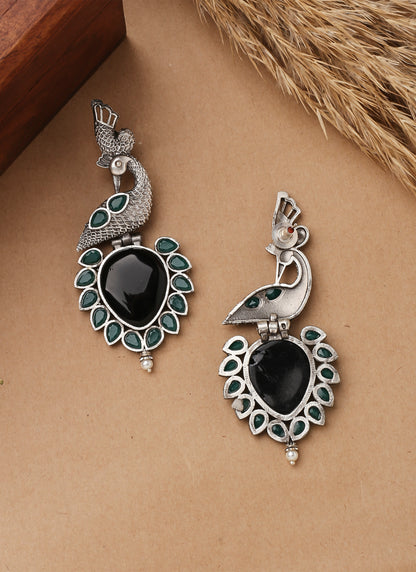 Peacock Carved Black Stone Earrings