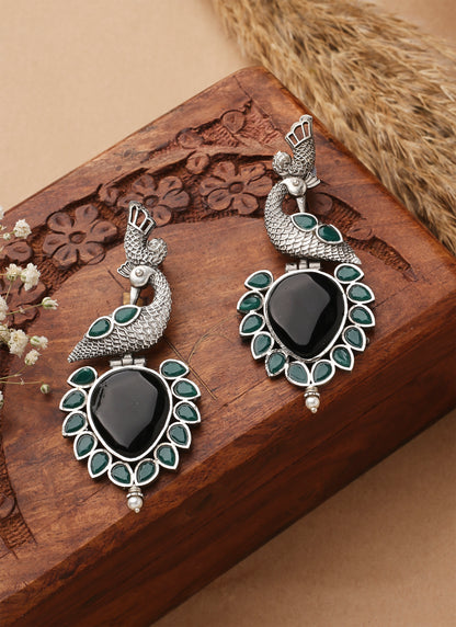 Peacock Carved Black Stone Earrings