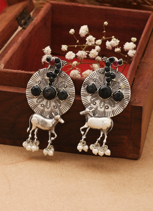 Oxidised Earrings With Black Stones