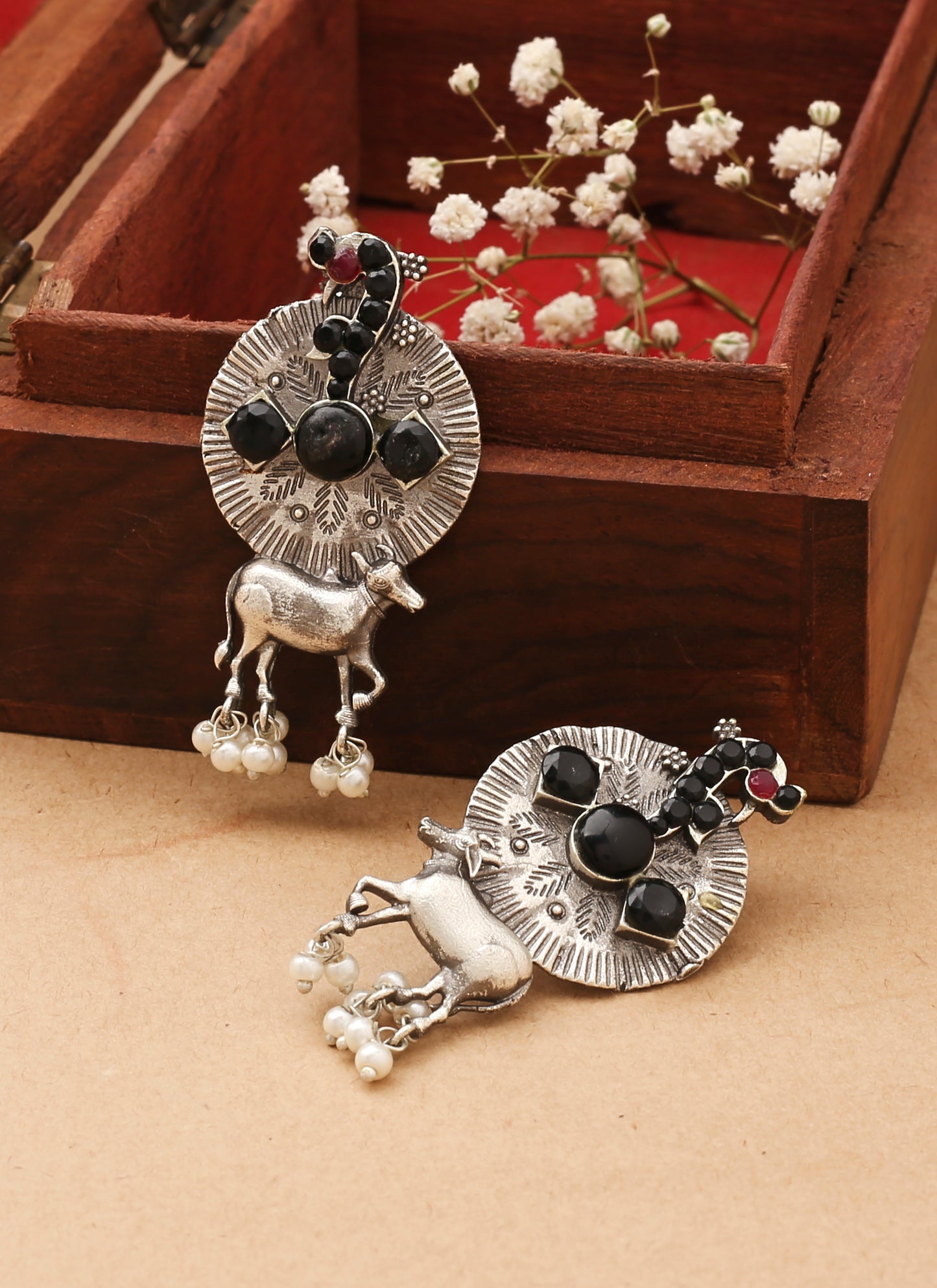 Oxidised Earrings With Black Stones