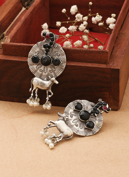 Oxidised Earrings With Black Stones