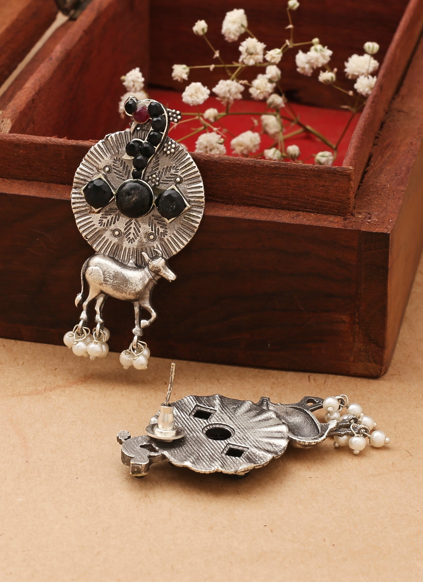 Oxidised Earrings With Black Stones