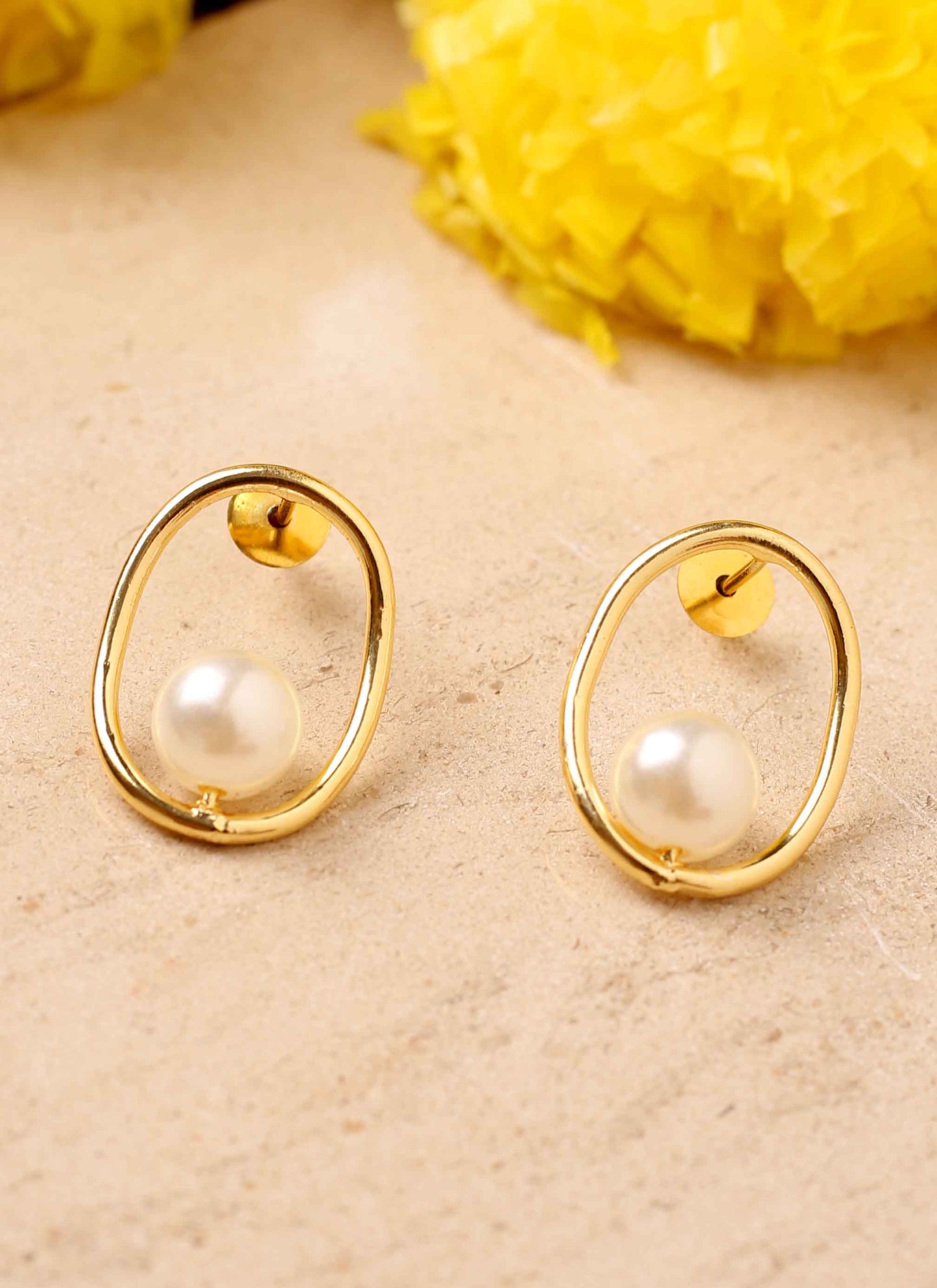 Gold Oval Earrings With Pearl Drop