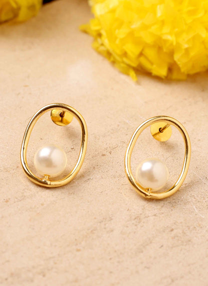 Gold Oval Earrings With Pearl Drop