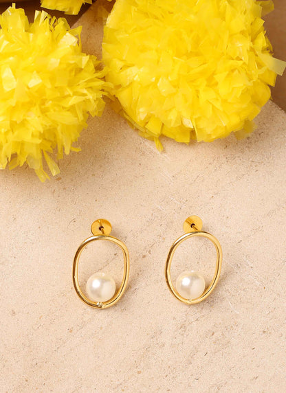 Gold Oval Earrings With Pearl Drop